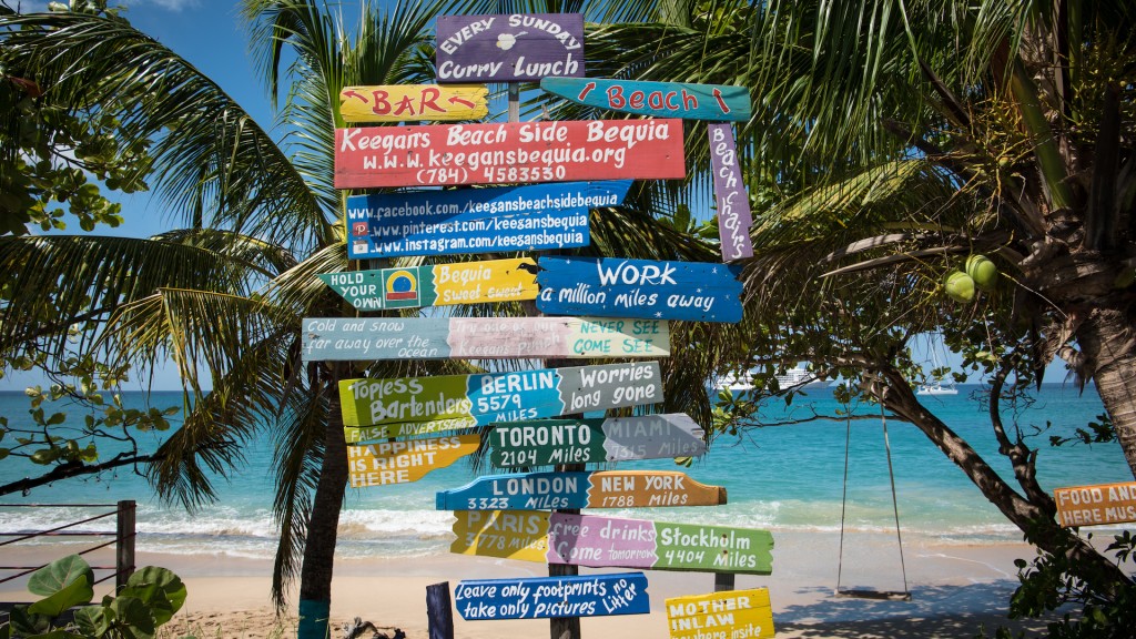 Humorous directional signage on a Bequia beach