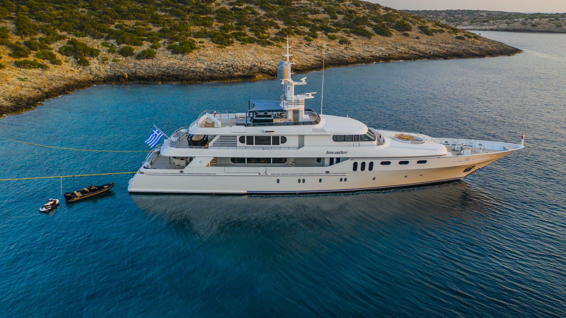 m/y invader yacht for charter bird eye view