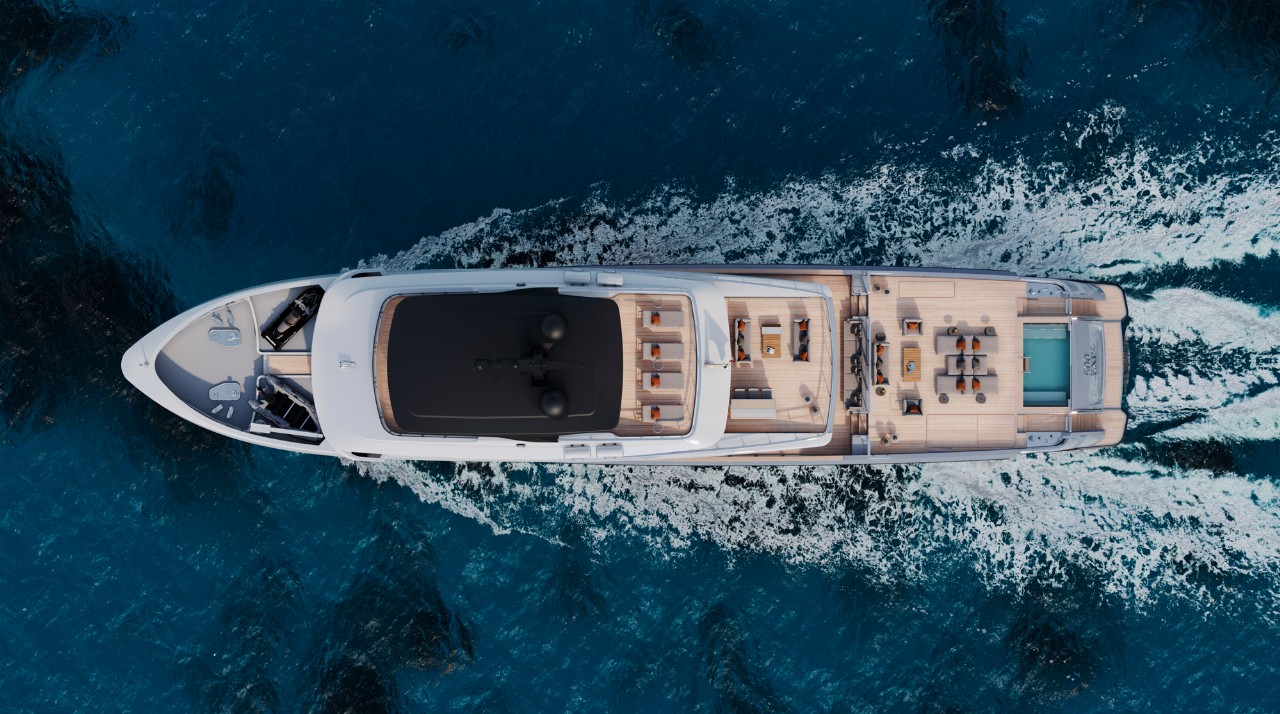 Aerial view of Sanlorenzo 500EXP explorer yacht for sale with YACHTZOO