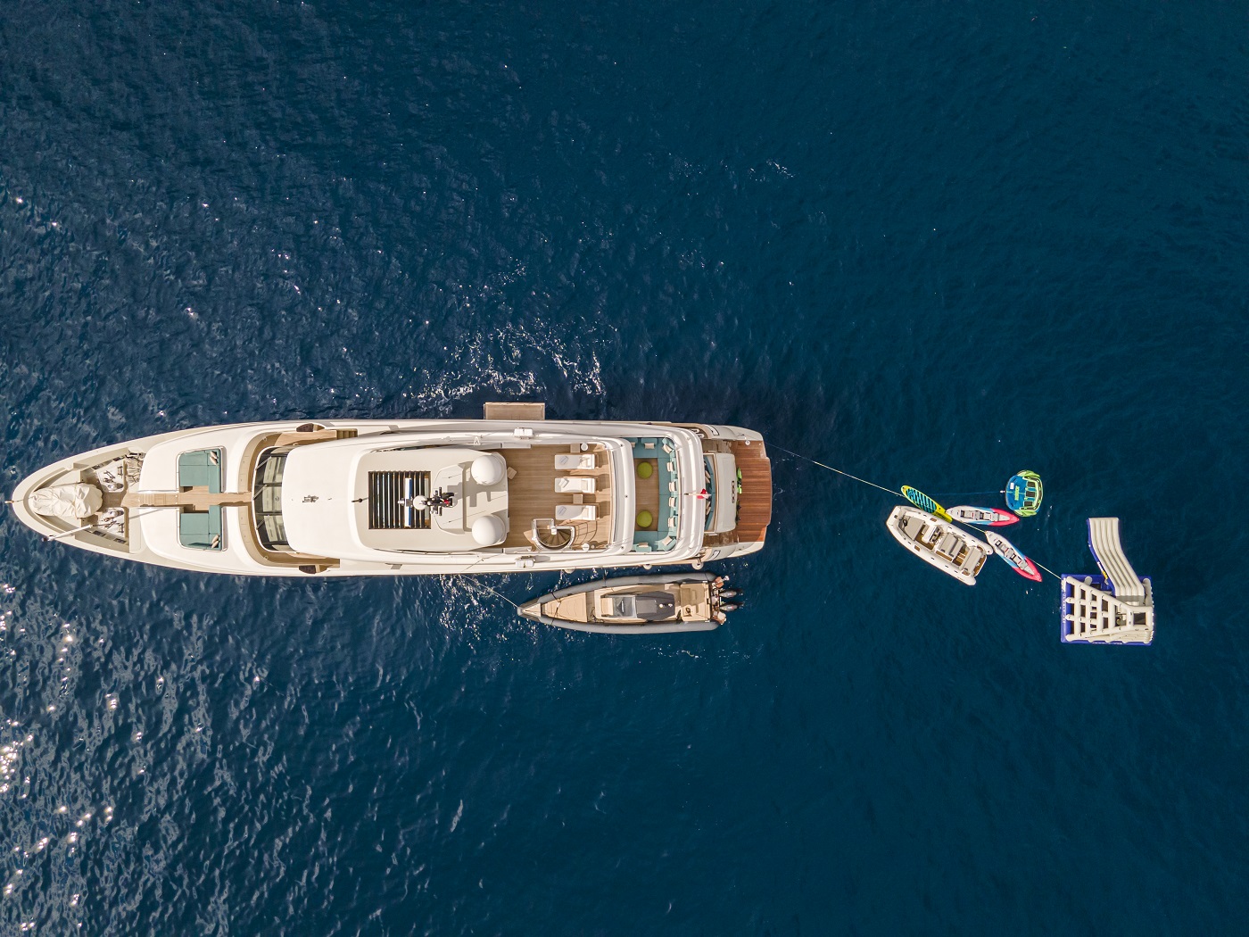 Drone view of Sosa SanLorenzo with tender and water toys yacht for sale Yachtzoo