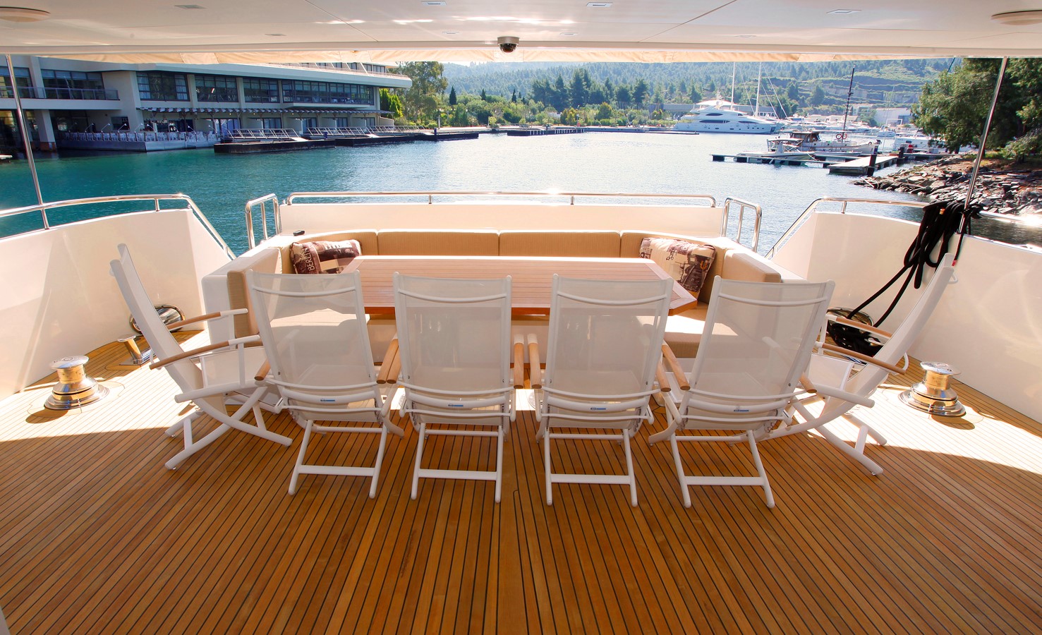 Outdoor dining area Mr. Mouse yacht for sale Yachtzoo