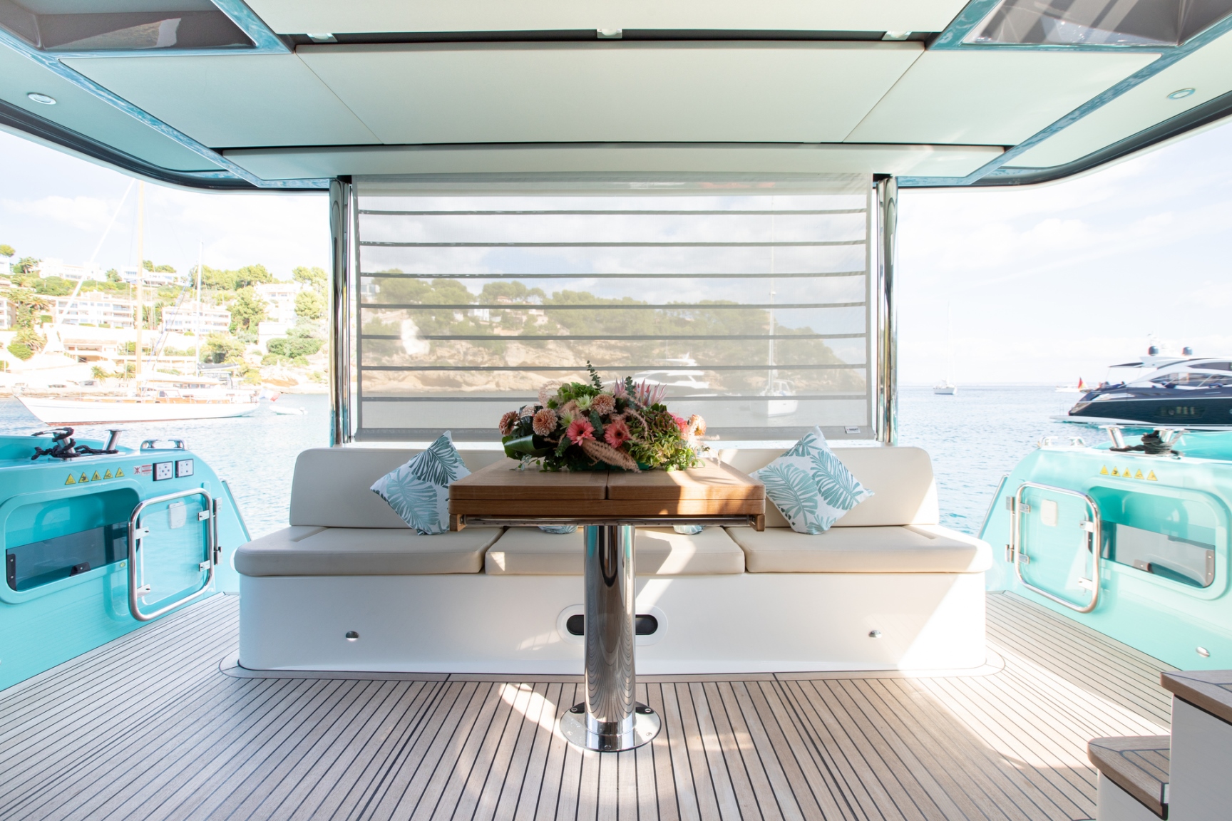 Outdoor deck dining area with sea view Maybe yacht Yachtzoo