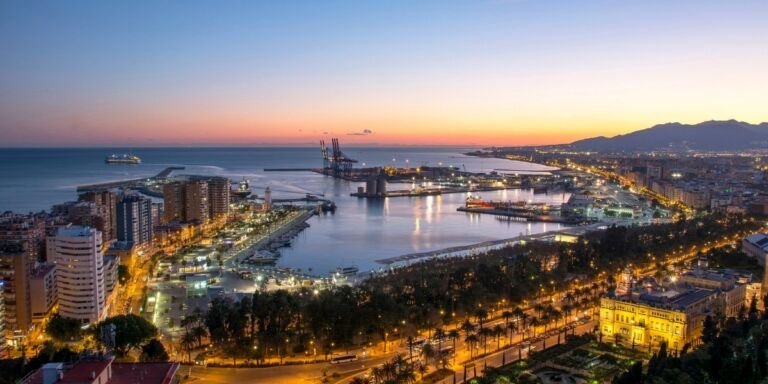 malaga port sea sunset ferry boats lights